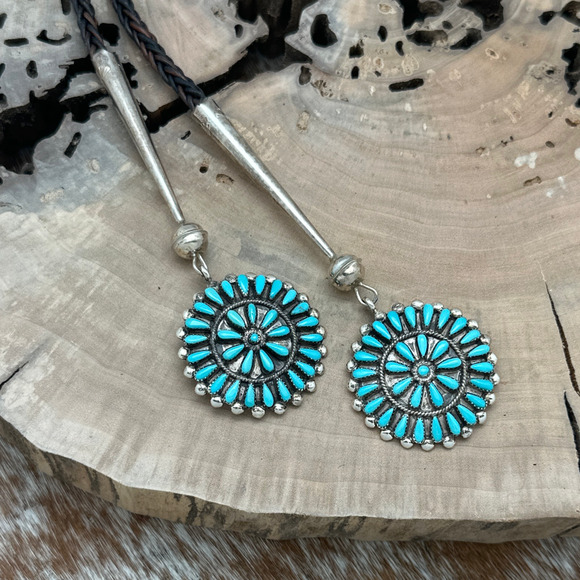 SOUTHWEST STYLE Sterling Bolo Tie & Earrings Set With Navajo Turquoise Clusters - Picture 4 of 8
